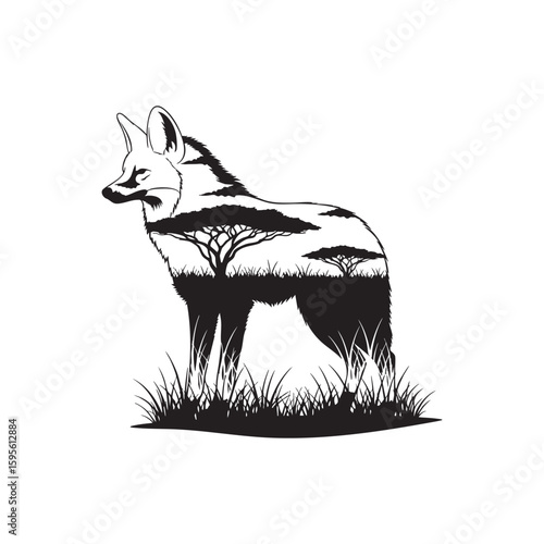 A maned wolf in grass with a savanna tree double exposure