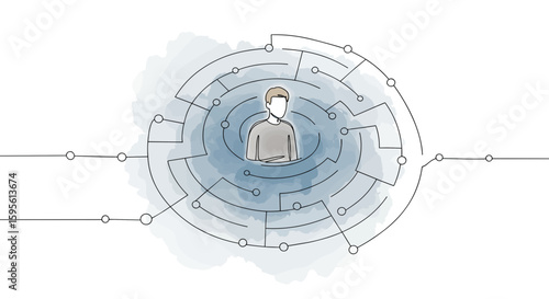 Gestalt psychology labyrinth with figure inside – symbolizing inner journey and complexity of self, abstract one line doodle watercolor vector illustration

