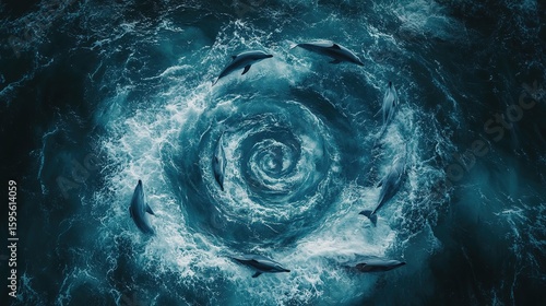 A mesmerizing swirl of ocean water with dolphins swimming in a circular formation, creating a dynamic and captivating natural vortex.