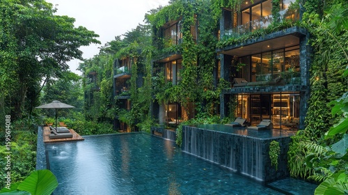Luxury Eco-Resort in Lush Rainforest: Infinity Pool and Waterfall
