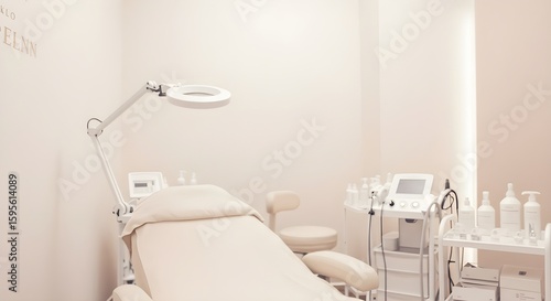 Soft view of an aesthetic clinic room with neutral tones, a calm and professional environment.