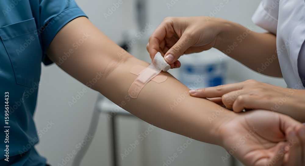 Fototapeta premium Nurse applying a bandage to a patient's arm, focus on care, hygiene, and professional medical attention, close-up on hands, clean and sterile hospital environment, compassionate healthcare concept.