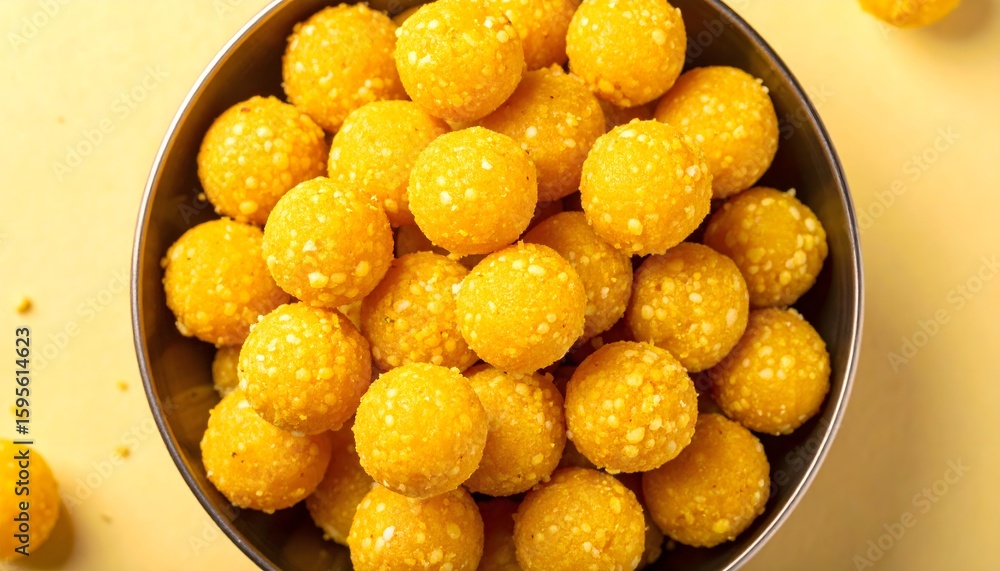 Traditional Indian sweet Laddu (Ladoo) made from gram flour, served in a dark bowl, perfect for festive celebrations and cultural occasions. Traditional Indian sweet Laddu (Ladoo) made from gram flour, served in a dark bowl, perfect for festive celebrations and cultural occasions.