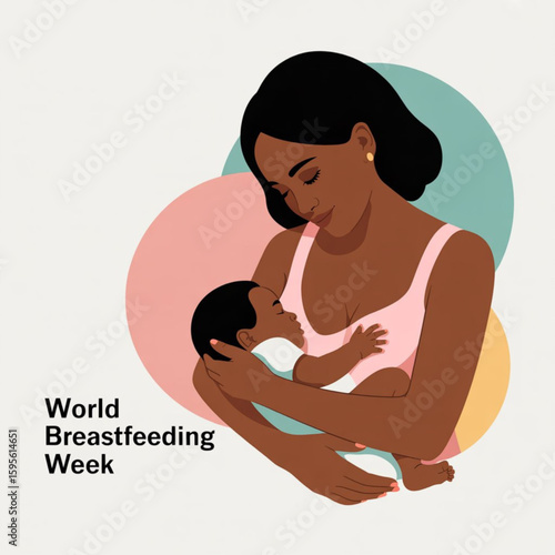 Black mother breastfeeding baby, celebrating World Breastfeeding Week, family love, health, maternity concept, flat vector.
