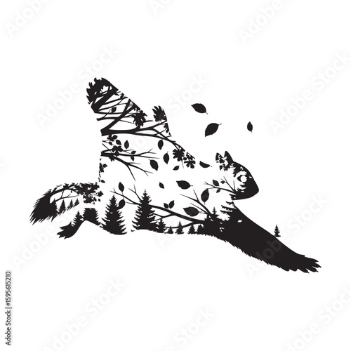 A gliding flying squirrel with an autumn forest and leaves