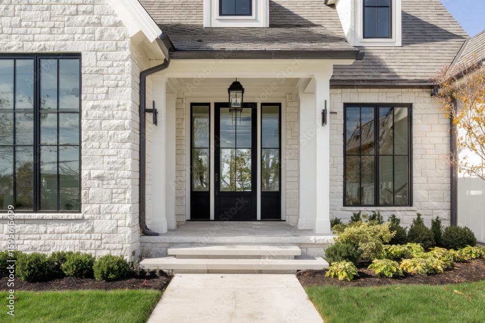 custom made wallpaper toronto digitalStunning modern entrance of a house featuring sleek architecture, large windows, and a beautifully landscaped front yard in bright daylight