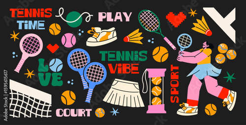 Tennis stickers and characters hitting the ball in sportswear. Sports equipment: racket, water, bottle, shuttlecock, sneakers, bag. People doing sports with a racket in their hand, cartoon stickers