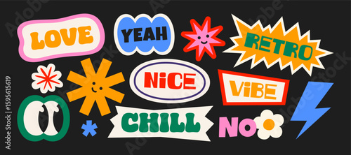 Futuristic y2k patches, labels, tags, stickers, bracelet stamps in retro style. Cartoon stickers in funky hipster groovy grunge 90s style. Vector set, trendy promo labels