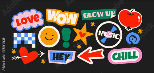 Futuristic y2k patches, labels, tags, stickers, bracelet stamps in retro style. Cartoon stickers in funky hipster groovy grunge 90s style. Vector set, trendy promo labels