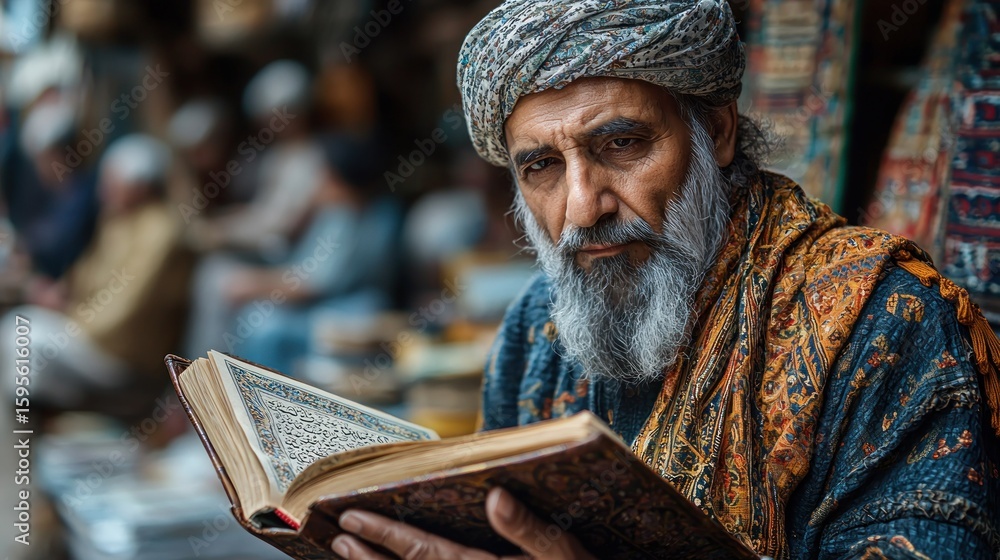 Elderly Man Reading Ancient Book in Bazaar Elderly Man Reading Ancient Book in Bazaar