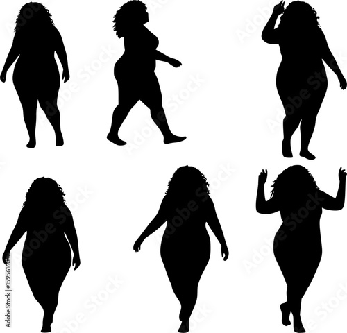 Fat woman vector silhouette on a white background. Fat girl in different poses.
