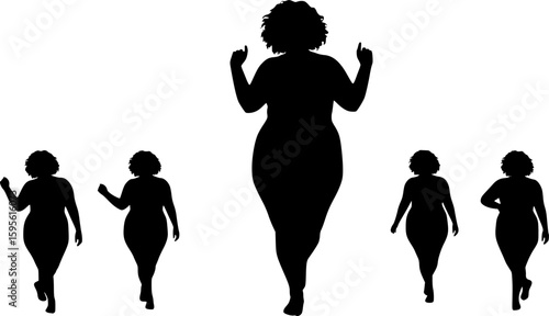 Fat woman vector silhouette on a white background. Fat girl in different poses.
