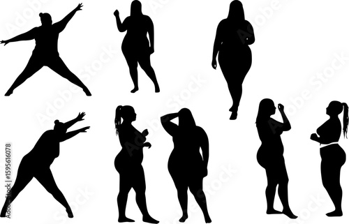 Fat woman vector silhouette on a white background. Fat girl in different poses.
