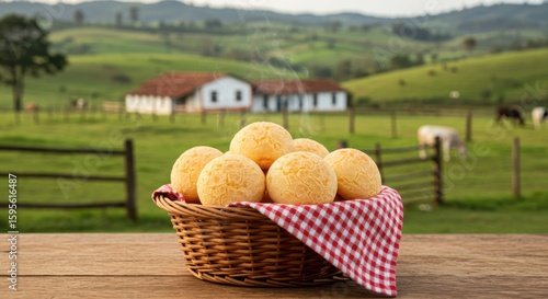 Cheese bread rolls in a basket with checkered cloth on a wooden table with a farm background, pão de queijo