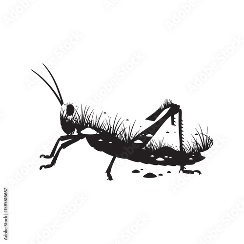 A grasshopper insect with a grassy field double exposure art