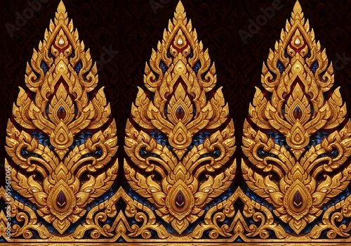 Intricate golden thai temple ornamentation with dark background