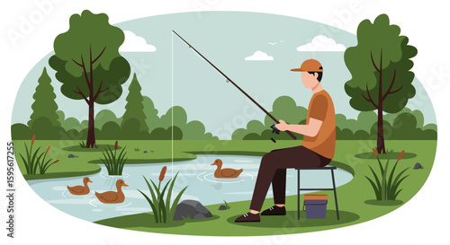Serene Lakeside Fishing: Man Ducks and Tranquil Nature Scene Illustration.