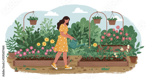 Woman in Yellow Dress Watering Flowers in a Lush Garden Illustration.