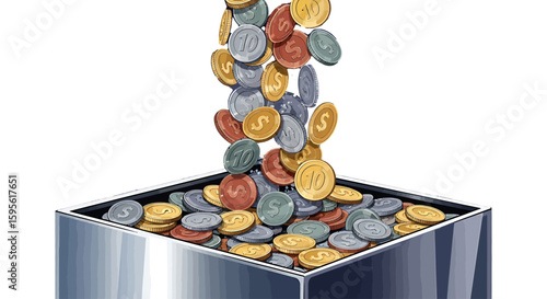 Coins Falling into Metal Box