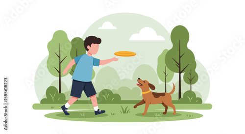 Boy throws frisbee to happy dog in park playful illustration.
