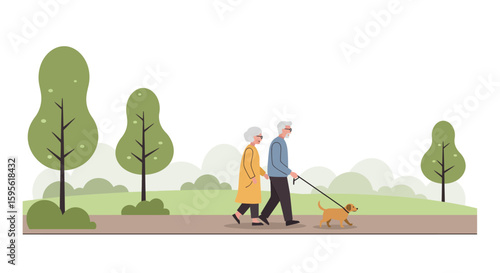 Senior Couple Strolling with Dog in Park Flat Vector Illustration.