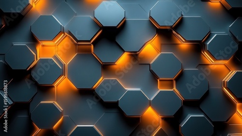 Abstract Hexagonal Pattern with Glowing Orange Accents