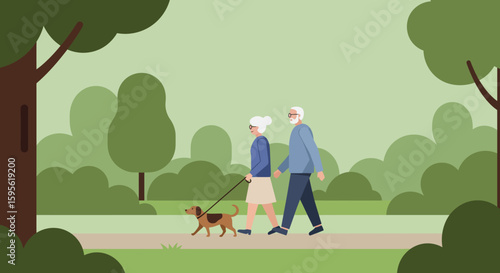 Senior Couple Walking Dog in Park Flat Vector Illustration Serene Scene.