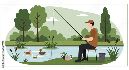 Tranquil Fishing Scene: Man Ducks and Serene Waterscape Illustration.