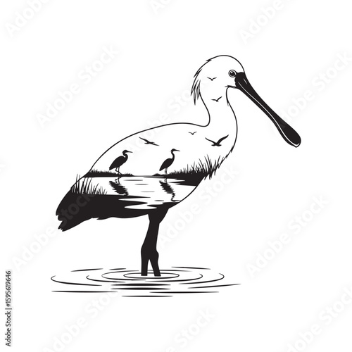 A spoonbill wading bird with a reflected marsh scene inside