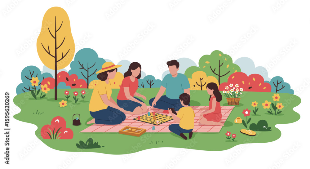 Fototapeta premium Colorful Family Picnic Game in Sunny Park.