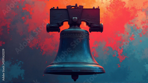 The Liberty Bell, iconic symbol of American freedom, depicted against a dramatic, fiery backdrop.