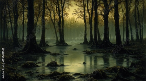 Fototapeta Naklejka Na Ścianę i Meble -  Dark, misty swamp forest scene at dusk.