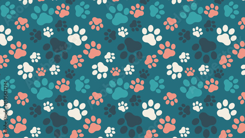 Seamless cute paw print pattern on teal background. Colorful dog and cat footprints design, perfect for pet-themed fabric, kids' projects, wrapping paper, digital prints, and animal lover decor