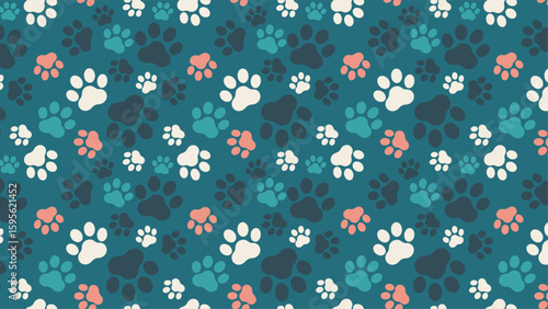 Seamless cute paw print pattern on teal background. Colorful dog and cat footprints design, perfect for pet-themed fabric, kids' projects, wrapping paper, digital prints, and animal lover decor