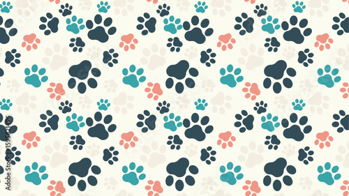 Seamless paw print pattern with pastel colors on cream background. Cute dog and cat footprints, perfect for pet designs, nursery decor, fabric prints, digital papers, and animal-themed projects