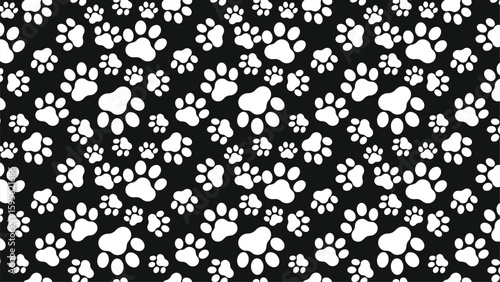 Seamless white paw print pattern on black background. Bold dog and cat footprints, ideal for pet-themed designs, wrapping paper, fabric prints, digital art, and animal lover decor
