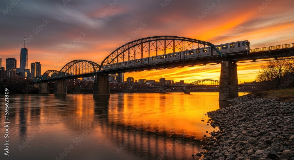 Obraz premium A vibrant sunset over a city river, with a train bridge in the foreground