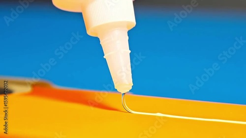 White tube of super glue dispensing a thin line of adhesive onto a vibrant orange and blue background