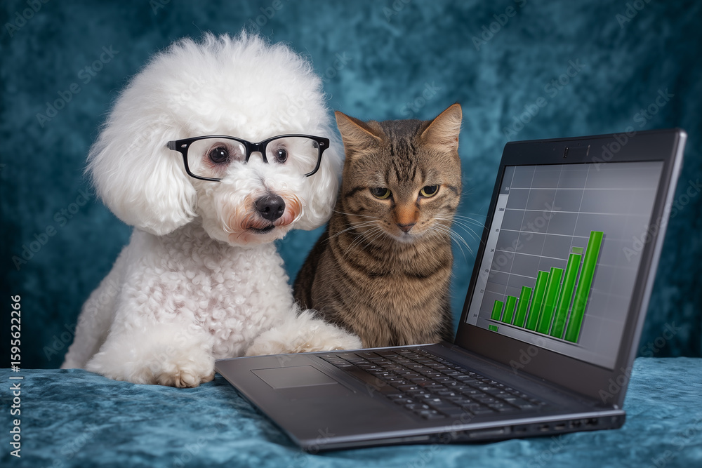 Fototapeta premium Funny Pet Investor Team Dog with Glasses and Tabby Cat Analyzing Stock Market Growth Chart on Laptop