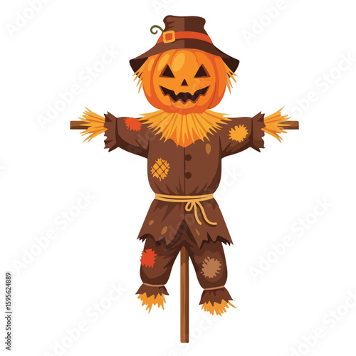 Scarecrow with pumpkin head in autumn harvest landscape  