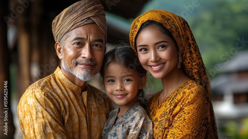 A Golden Family Portrait:  Malaysian Family in Traditional Attire