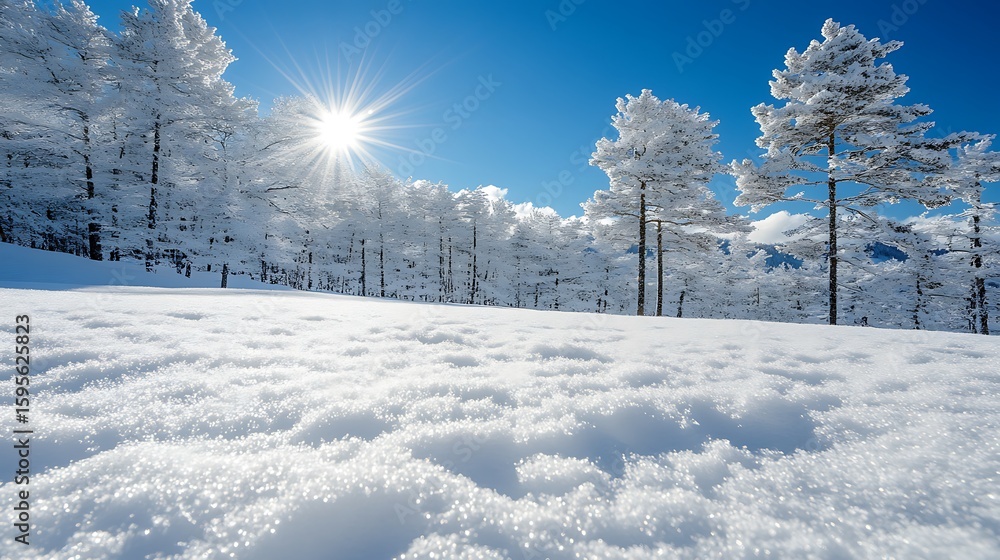 Naklejka premium Snowy landscape with frosted trees under a clear blue sky.