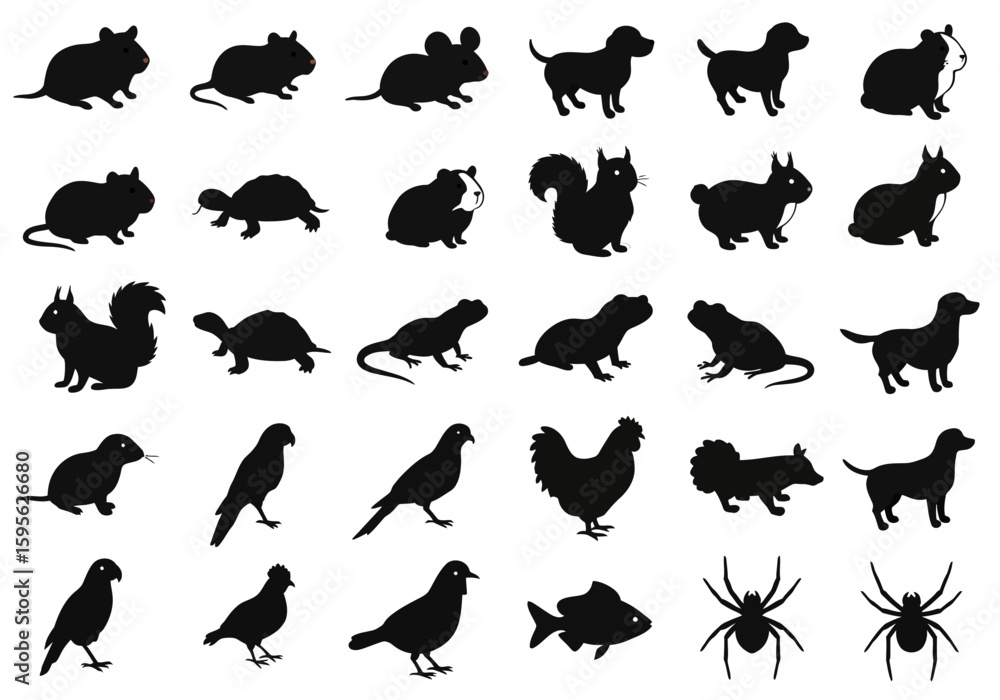 Naklejka premium Collection of Diverse Animal Silhouettes Featuring Mammals Birds Reptiles and Insects for Graphic Design and Educational Purposes