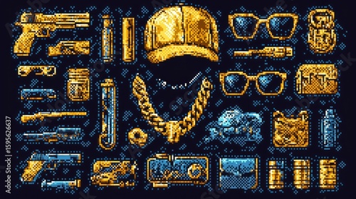 Golden Age Hip Hop Pixel Art: A Collection of Iconic 90s Hip Hop Accessories and Items