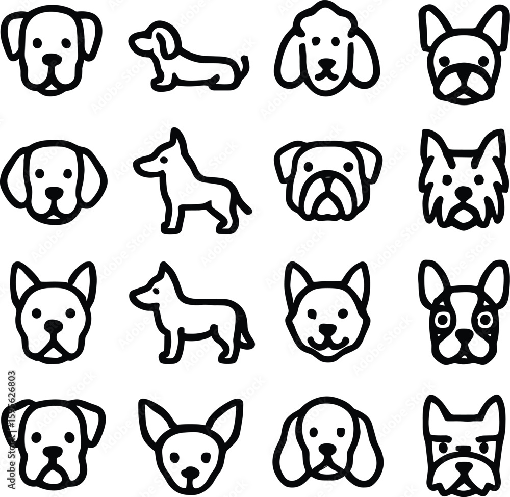 Obraz premium Minimalist Line Art Dog Head Breed Animal Icon Collection Set