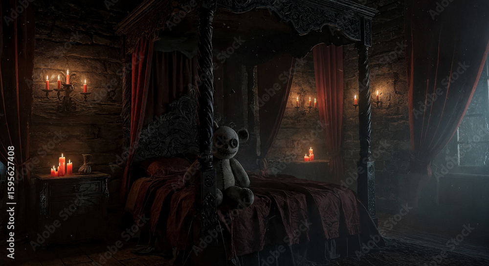 Quarto Gótico com Bicho de Pelúcia Macabro sobre a Cama sob Luz de Velas Dramática Quarto Gótico com Bicho de Pelúcia Macabro sobre a Cama sob Luz de Velas Dramática