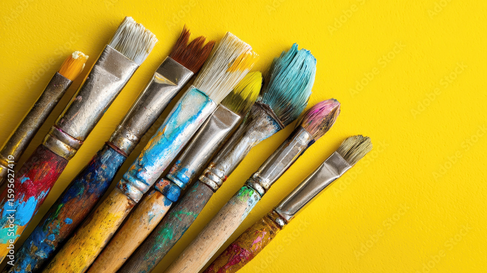 Obraz premium Well-used paint brushes, each bristles stained with various vibrant colors. They are artistically arranged diagonally against a vivid yellow background, symbolizing creativity and artistic passion.