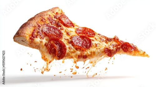 A single slice of pepperoni pizza in mid-air, cheese stretching downwards, isolated on a white background;  showing crispy crust and melted cheese with visible pepperoni slices