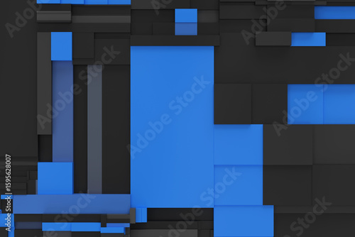 Greeble Grid Background – Futuristic 3D Abstract Blocks in Matte Black and Electric Blue, Featuring a Cinematic Tech Look with Modular Geometry and High-Contrast Blueprint Style