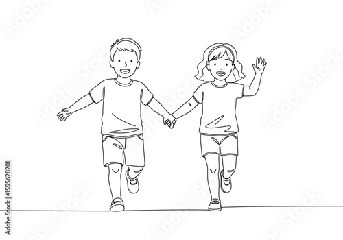 Two happy young children a boy and a girl holding hands and running forward together with joyful expressions and one child waving hello in a simple line drawing illustration celebrating friendship and